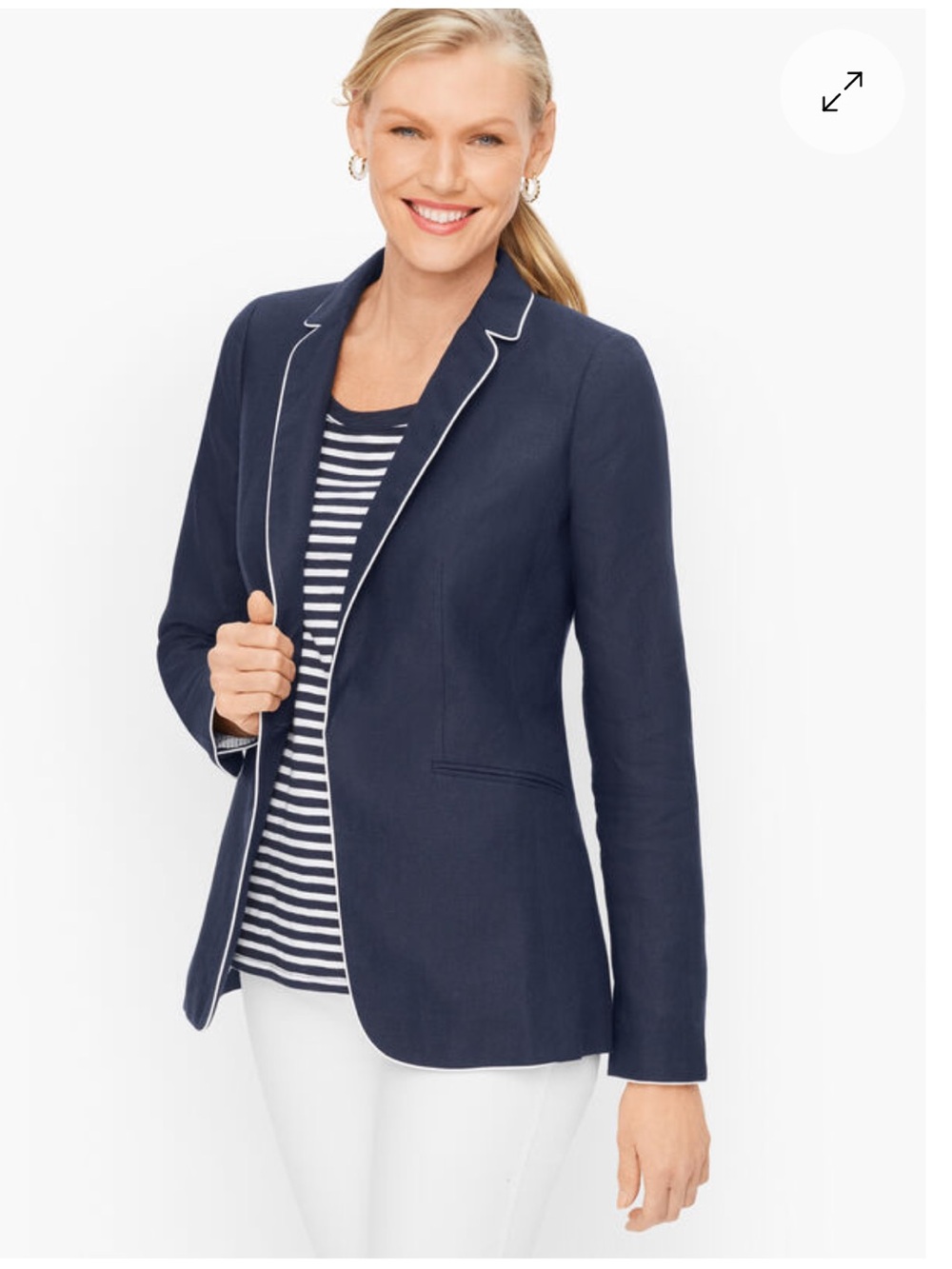 NWOT Talbots Navy Piped Blazer Jacket, 100% Linen